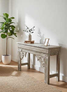  Vintage Whitewash Carved Console Table – Floral Carved Entryway Table 