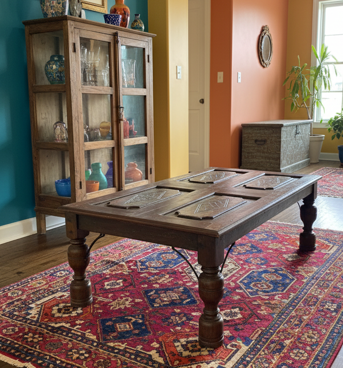Reclaimed Carved Wood Coffee Table - Plantation Style Living Room Table