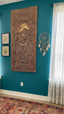  Vintage Carved Krishna Wall Sculpture – Ornate Fluting Temple Door Art 