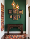 Ornate Carved Wood Console Table with Brass Studs – Vintage Entryway Table