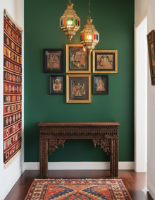  Ornate Carved Wood Console Table with Brass Studs – Vintage Entryway Table