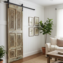  Antique Carved Wood Floral Barn Door – Rustic Single Statement Farmhouse Door 