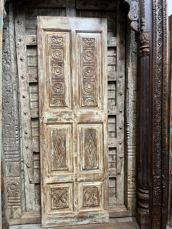 Antique Carved Wood Floral Barn Door – Rustic Single Statement Farmhouse Door 