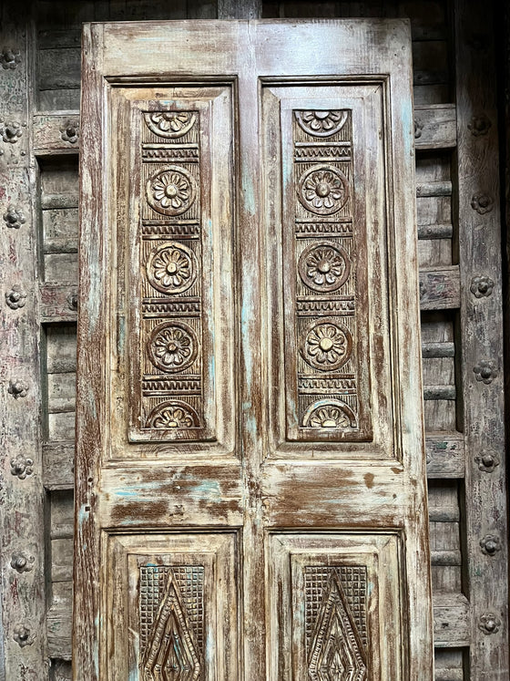 Antique Carved Wood Floral Barn Door – Rustic Single Statement Farmhouse Door 
