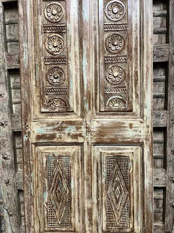 Antique Carved Wood Floral Barn Door – Rustic Single Statement Farmhouse Door 