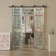  Vintage Carved Double Door Blue Floral Rustic Decorative Barndoor 