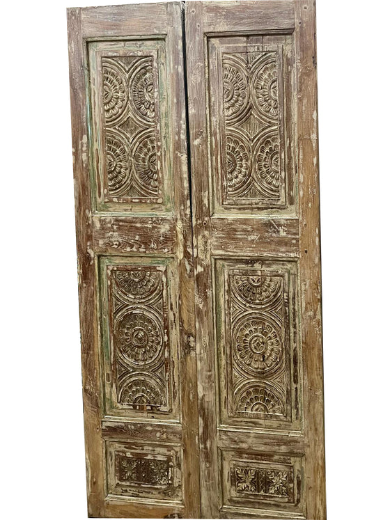 Antique Double Door Floral Limewash Carved Architectural Barn Door 
