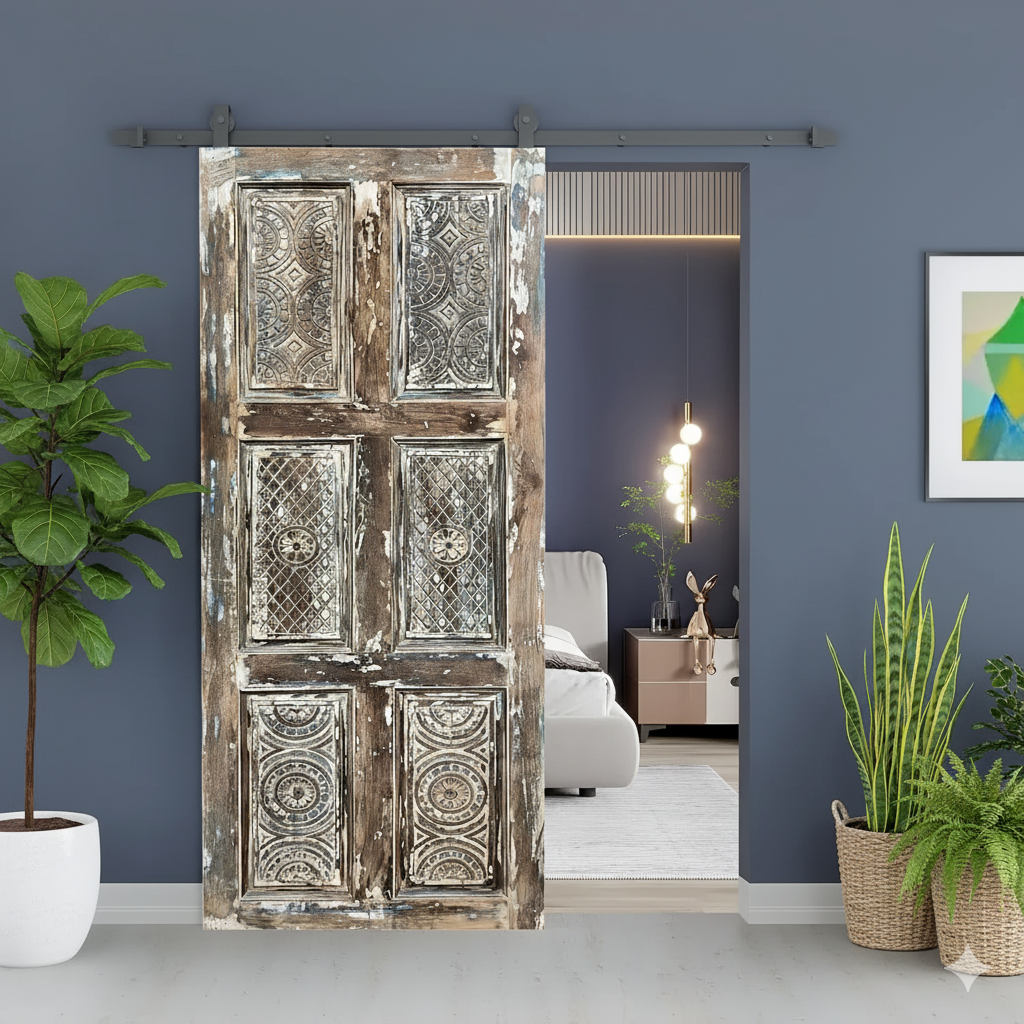 Vintage Wood Floral Carved Door - Rustic Ranch Doors 80x32