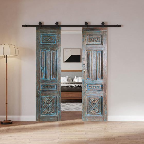 Vintage Carved Double Door Blue Brass Studs Floral Reclaimed Wood Doors 
