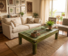 Antique Carved Coffee Table – Green Patina & Brass Accent Table