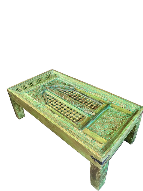 Antique Carved Door Coffee Table – Rustic Green Accent Table | Vintage Modern Furniture