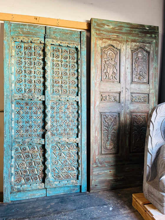Antique Carved Double Doors Brass Studs Rustic Blue Farmhouse Door