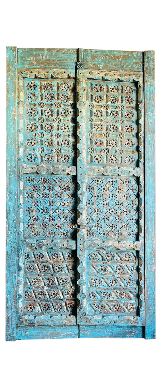 Antique Carved Door Double Barn Door Brass Studs Blue Rustic Farmhouse Door