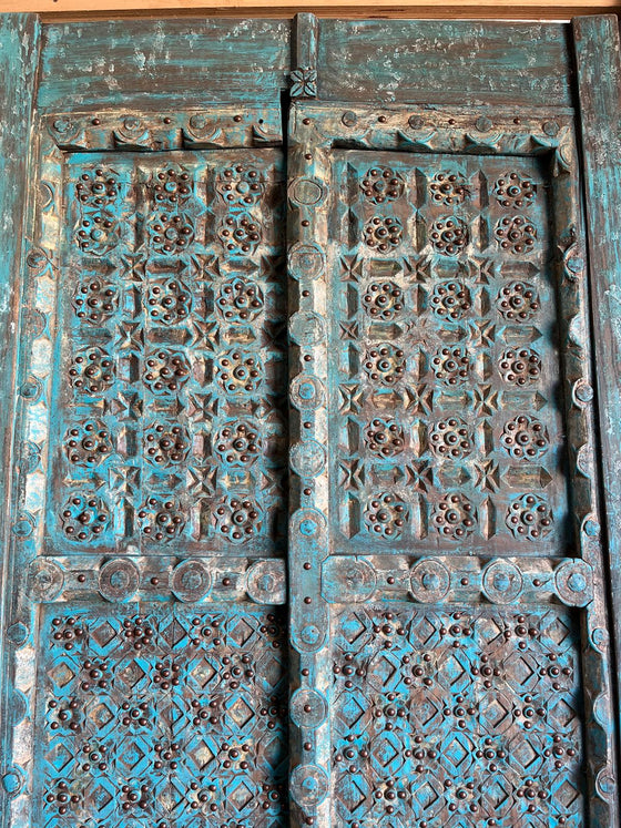 Antique Carved Double Doors Brass Studs Rustic Blue Farmhouse Door