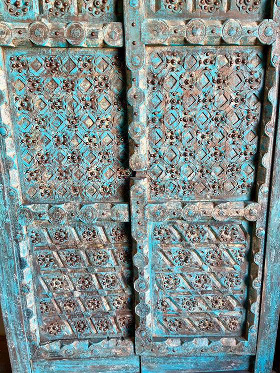 Antique Carved Double Doors Brass Studs Rustic Blue Farmhouse Door