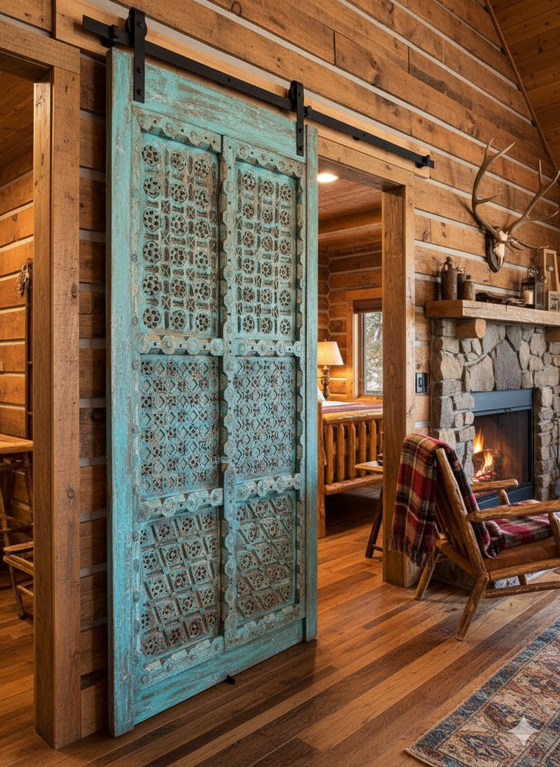 Antique Carved Double Doors Brass Studs Rustic Blue Farmhouse Door