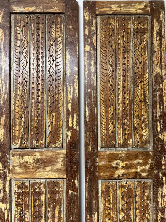 Antique Carved Wood Double Doors Brass Studs Decorative Barn Doors 80