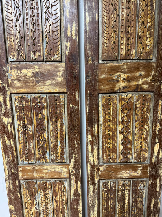 Antique Carved Wood Double Doors Brass Studs Decorative Barn Doors 80