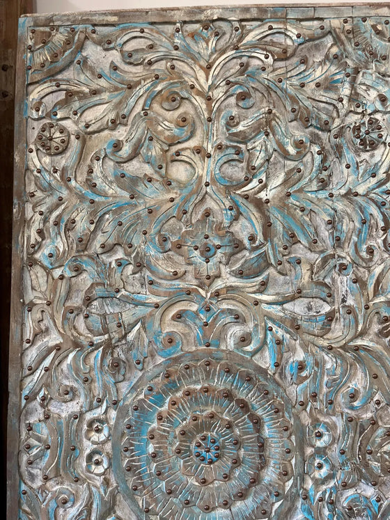 Vintage Carved Barn Door Blue Lotus Brass Studs Carved Wall Statement Door 