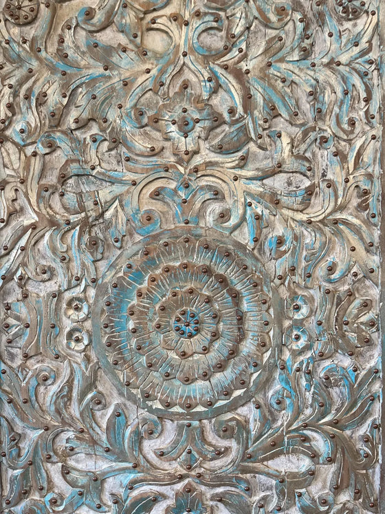 Vintage Carved Barn Door Blue Lotus Brass Studs Carved Wall Statement Door 
