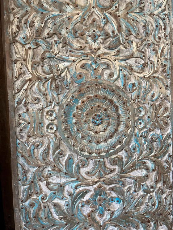 Vintage Carved Barn Door Blue Lotus Brass Studs Carved Wall Statement Door 