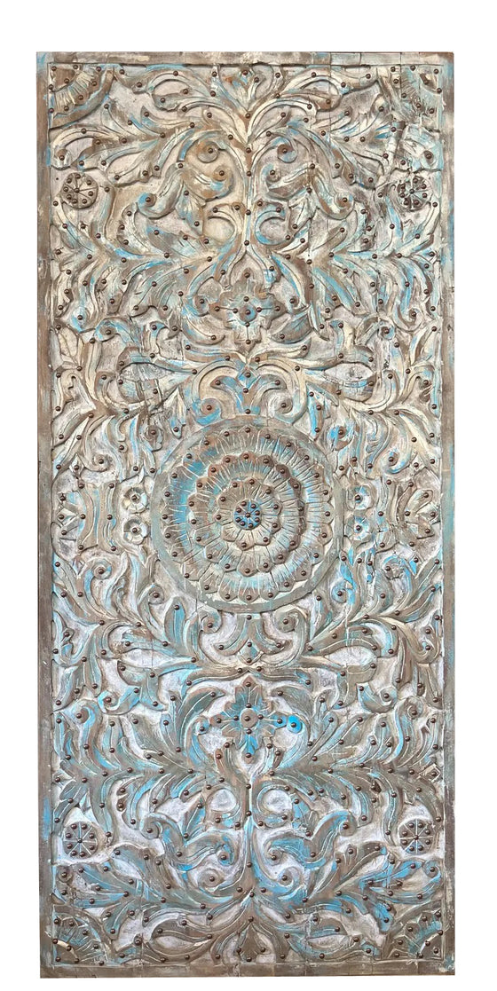 Vintage Carved Barn Door Blue Lotus Brass Studs Carved Wall Statement Door 