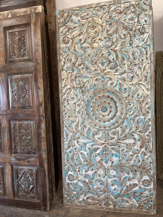 Vintage Carved Barn Door Blue Lotus Brass Studs Carved Wall Statement Door 