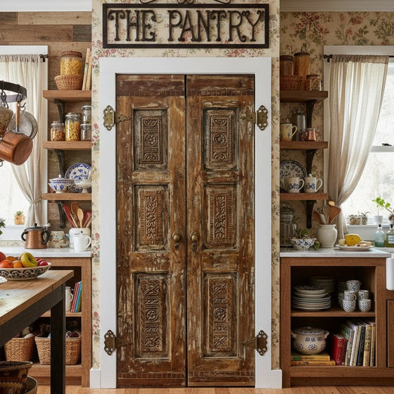 Antique Carved Double Door Brass Studs Rustic Farmhouse French Door 80 