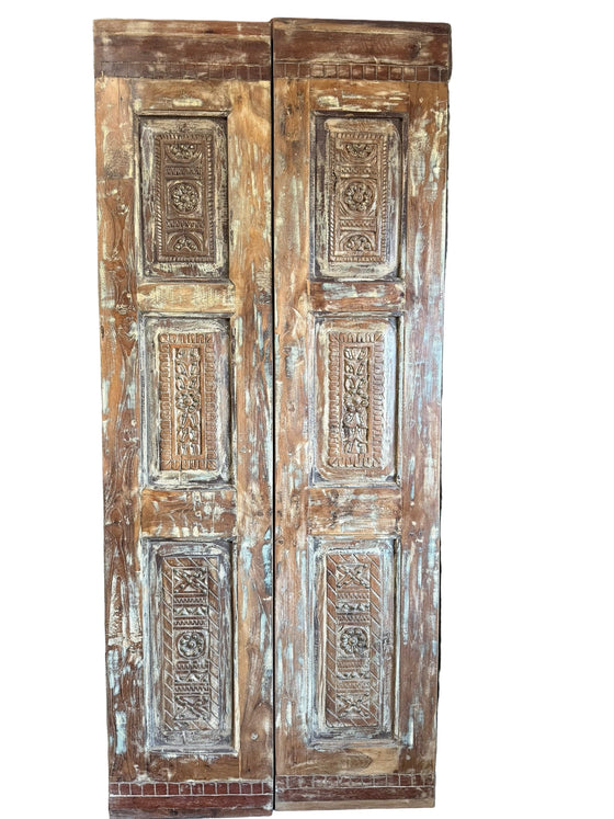 Antique Carved Double Door Brass Studs Rustic Blue Farmhouse Door 