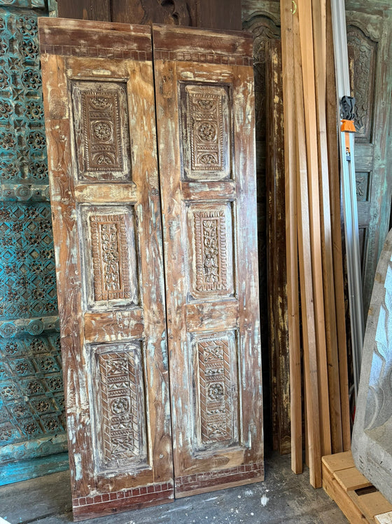 Antique Carved Double Door Brass Studs Rustic Blue Farmhouse Door 