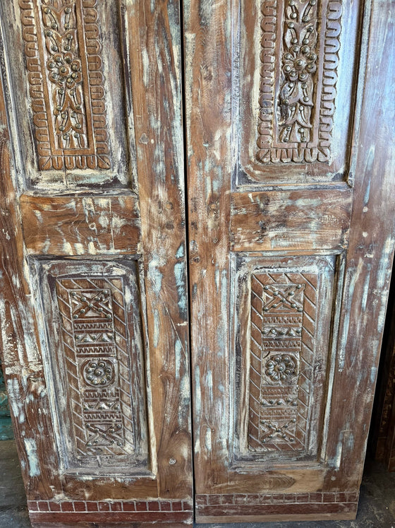 Antique Carved Double Door Brass Studs Rustic Blue Farmhouse Door 