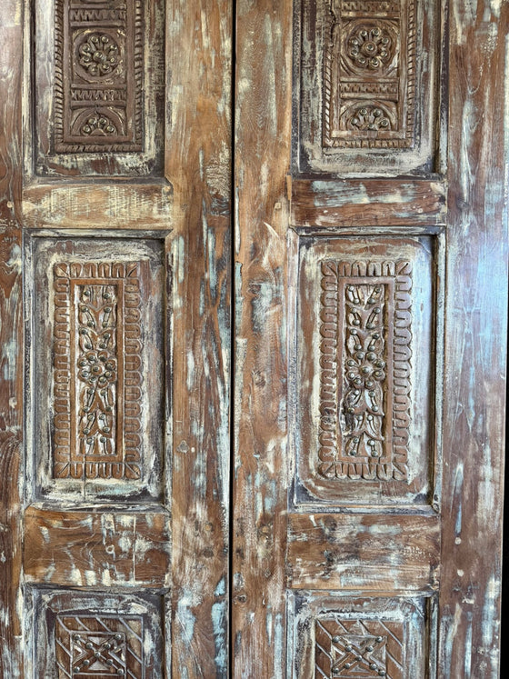 Antique Carved Double Door Brass Studs Rustic Blue Farmhouse Door 