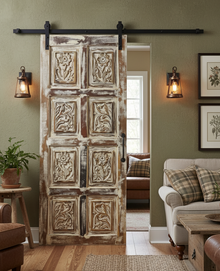  Vintage Brass Stud Carved Door Distress Farmhouse Barn Door Statement Door 