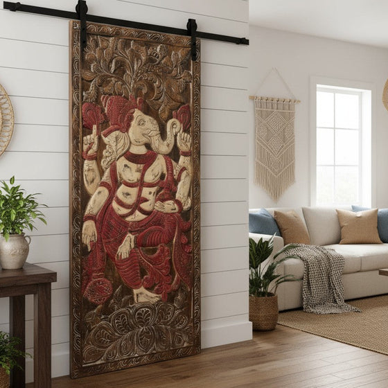 Blessing Ganesha Wall Sculpture Vintage Carved Reclaimed Wood Indian Door 83x36