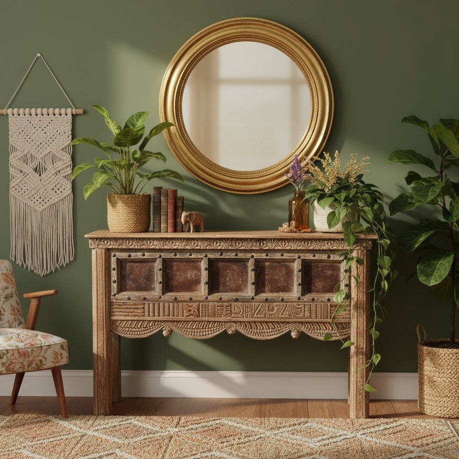 Ornate Carved Wood Console Table with Iron Studs – Vintage Entryway Table 52