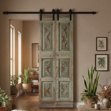  Vintage Double Door Blue Floral Carved Sliding Pantry Doors Barn Door