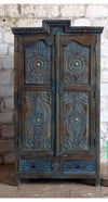 Antique Blue Hand Carved Armoire Floral Brass Studs Caved Cabinet