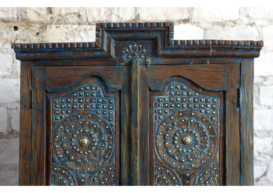 Antique Blue Hand Carved Armoire Floral Brass Studs Caved Cabinet