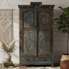 Antique Blue Hand Carved Armoire Floral Brass Studs Caved Cabinet