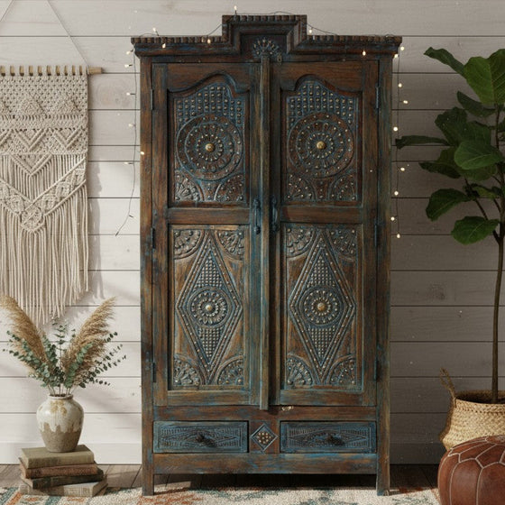 Antique Blue Hand Carved Armoire Floral Brass Studs Caved Cabinet
