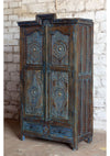 Antique Blue Hand Carved Armoire Floral Brass Studs Caved Cabinet