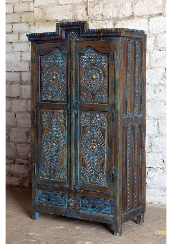 Antique Blue Hand Carved Armoire Floral Brass Studs Caved Cabinet