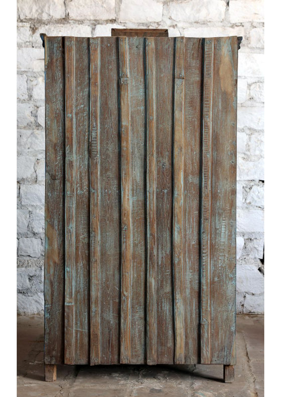 Antique Blue Hand Carved Armoire Floral Brass Studs Caved Cabinet