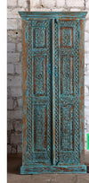 Antique Blue Armoire Floral Brass Studs Hand Carved Storage Wardrobe