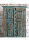 Antique Blue Armoire Floral Brass Studs Hand Carved Storage Wardrobe