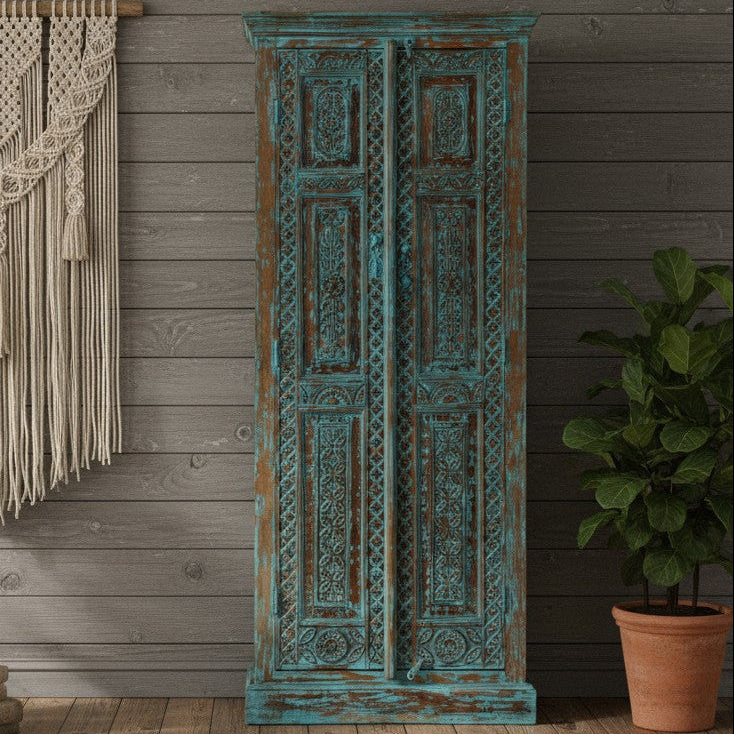 Antique Blue Wardrobe Armoire Floral Brass Studs Hand Carved Storage Cabinet 83x36