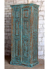 Antique Blue Armoire Floral Brass Studs Hand Carved Storage Wardrobe