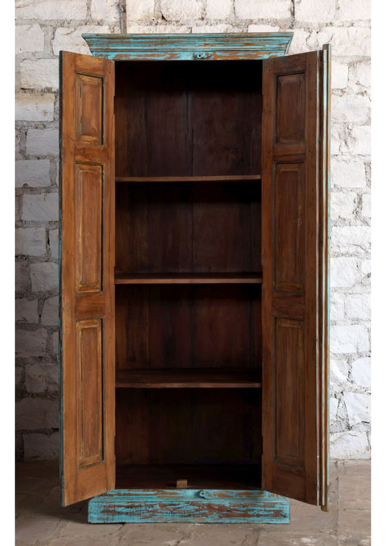 Antique Blue Armoire Floral Brass Studs Hand Carved Storage Wardrobe