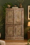 Antique Sunburst Carved Cabinet with Brass Studs Rustic Wardrobe Armoire 76x43