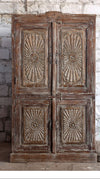 Antique Carved Cabinet Brown Sunrays Brass Studs  Storage Armoire
